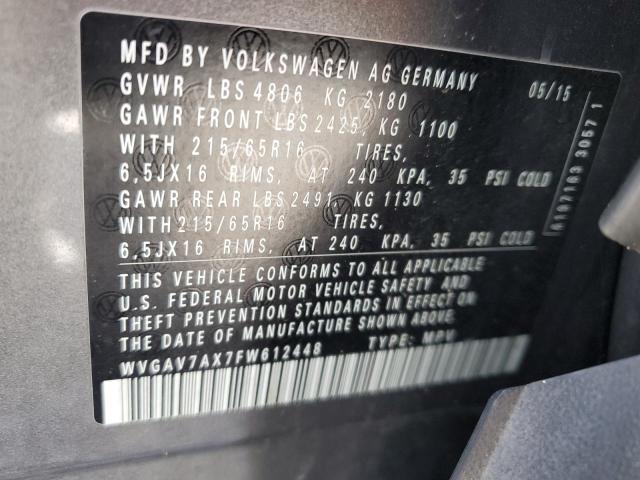 WVGAV7AX7FW612448 - 2015 VOLKSWAGEN TIGUAN S GRAY photo 14