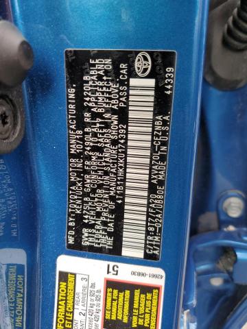 4T1B11HKXKU174392 - 2019 TOYOTA CAMRY L BLUE photo 13