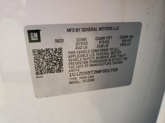 1G1ZD5ST2MF001758 - 2021 CHEVROLET MALIBU LT WHITE photo 12