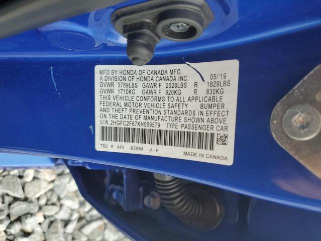 2HGFC2F67KH569579 - 2019 HONDA CIVIC LX BLUE photo 13