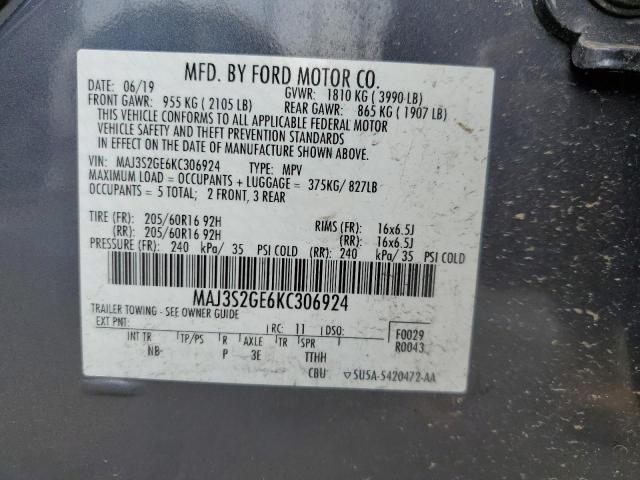 MAJ3S2GE6KC306924 - 2019 FORD ECOSPORT SE GRAY photo 12