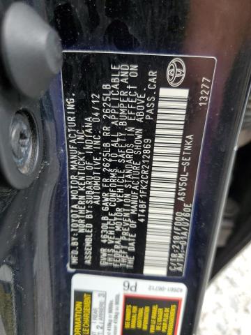 4T4BF1FK2CR212869 - 2012 TOYOTA CAMRY BASE BLACK photo 12