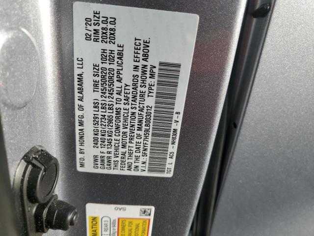 5FNYF7H59LB003012 - 2020 HONDA PASSPORT EXL Gris foto 12