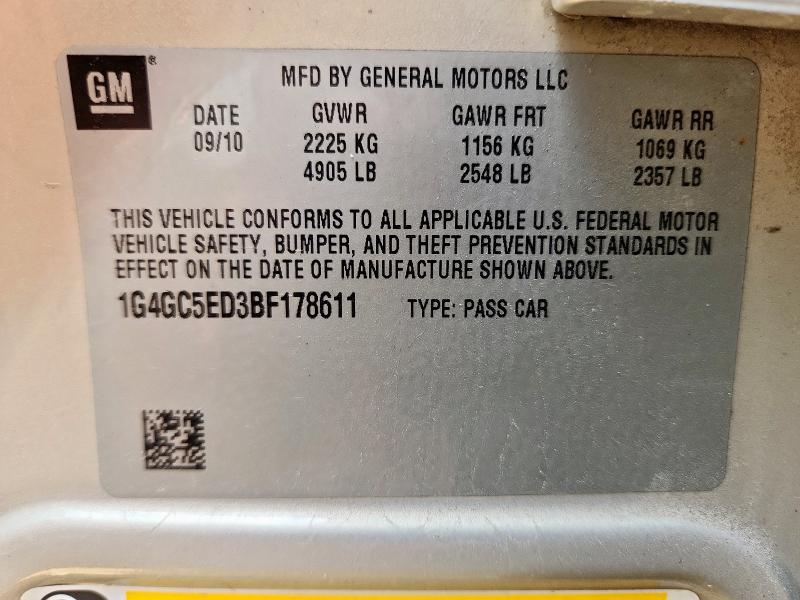 1G4GC5ED3BF178611 - 2011 BUICK LACROSSE CXL ბეჟი ფოტო 13