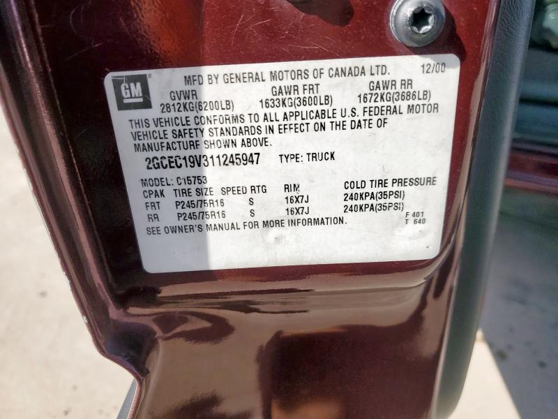 2GCEC19V311245947 - 2001 CHEVROLET SILVERADO C1500 勃艮第红 照片 12