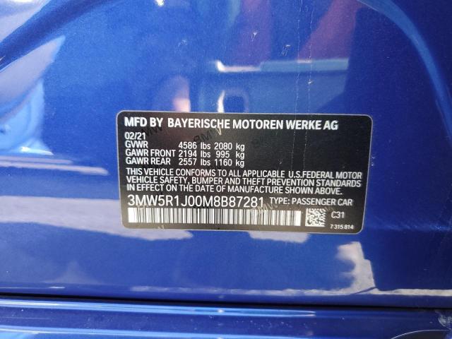3MW5R1J00M8B87281 - 2021 BMW 330I BLUE photo 13