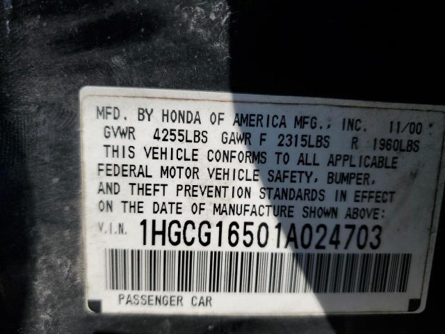 1HGCG16501A024703 - 2001 HONDA ACCORD EX BLACK photo 12