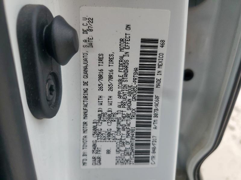 3TYCZ5AN9NT094981 - 2022 TOYOTA TACOMA DOUBLE CAB 白色 照片 12