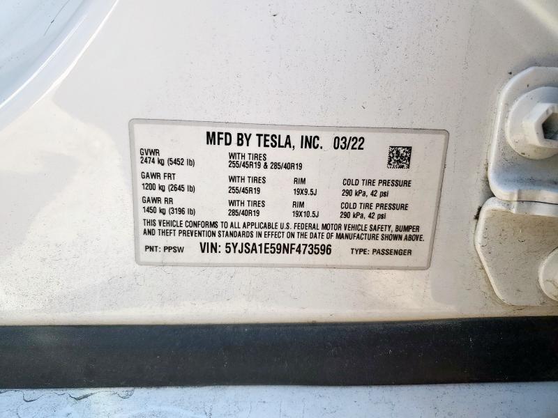5YJSA1E59NF473596 - 2022 TESLA MODEL S WHITE photo 13