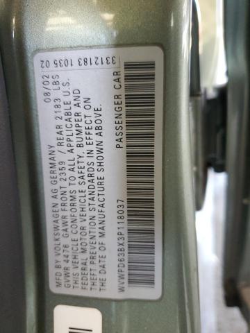 WVWPD63BX3P118037 - 2003 VOLKSWAGEN PASSAT GLS GREEN photo 12