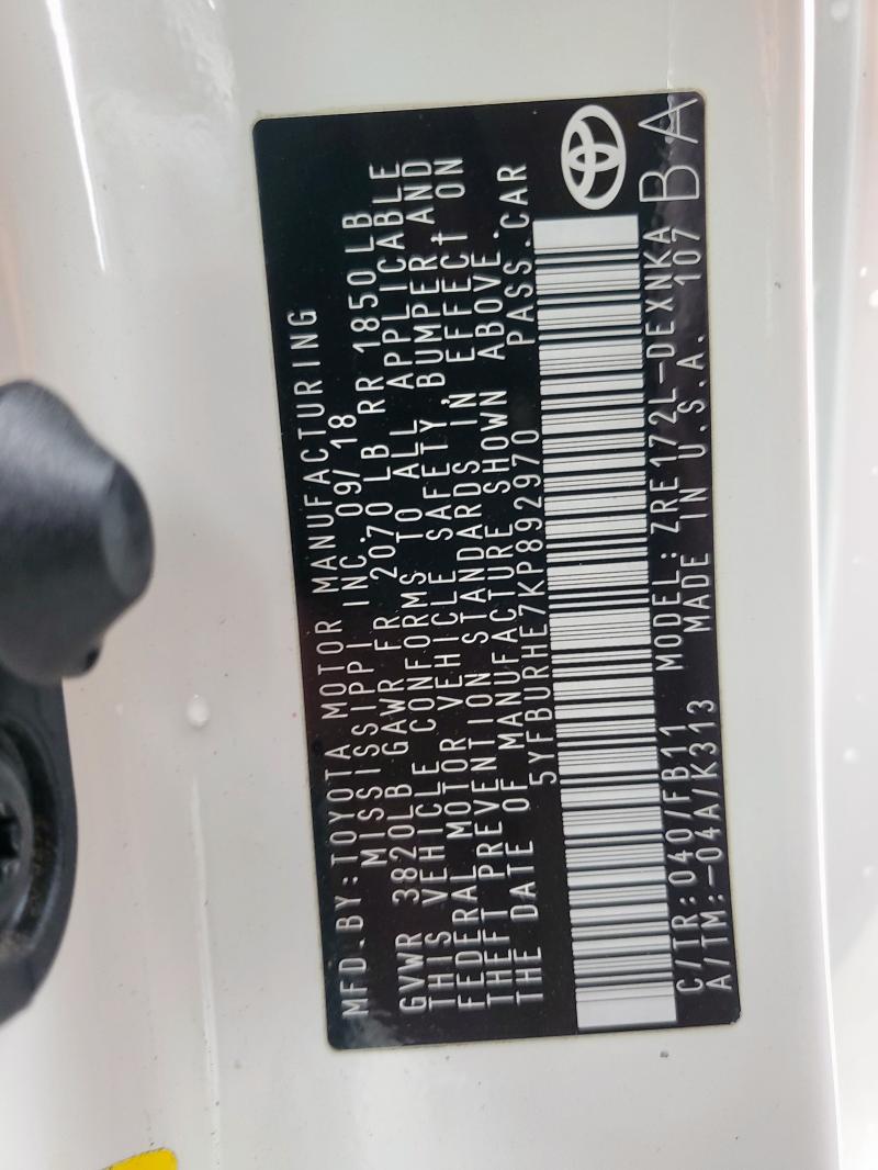 5YFBURHE7KP892970 - 2019 TOYOTA COROLLA L თეთრი ფოტო 13