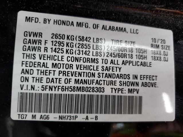 5FNYF6H58MB028303 - 2021 HONDA PILOT EXL BLACK photo 13