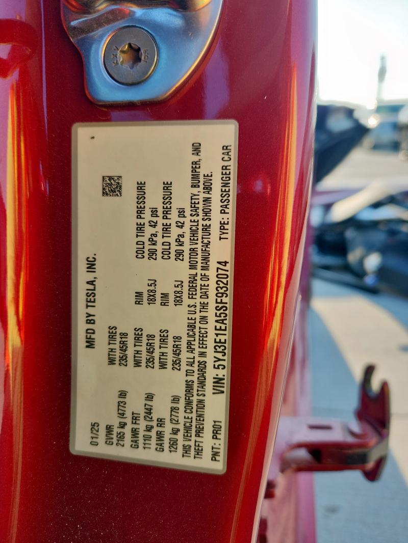 5YJ3E1EA5SF932074 - 2025 TESLA MODEL 3 RED photo 12