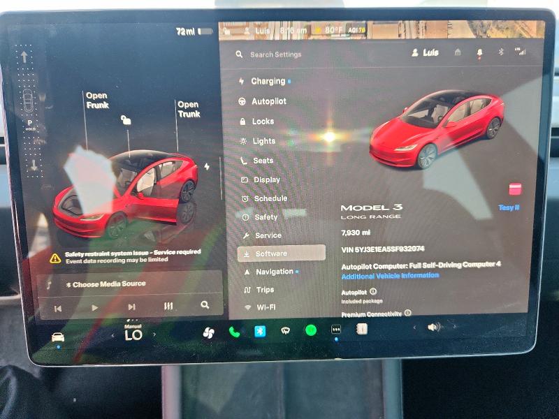 5YJ3E1EA5SF932074 - 2025 TESLA MODEL 3 RED photo 9