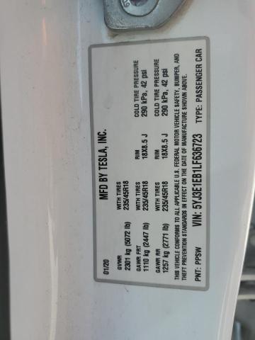 5YJ3E1EB1LF636723 - 2020 TESLA MODEL 3 白色 照片 12