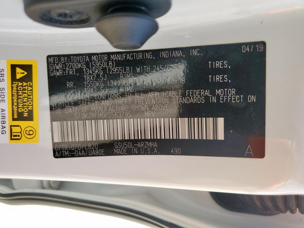 5TDKZRFH6KS563795 - 2019 TOYOTA HIGHLANDER SE 白色 照片 13