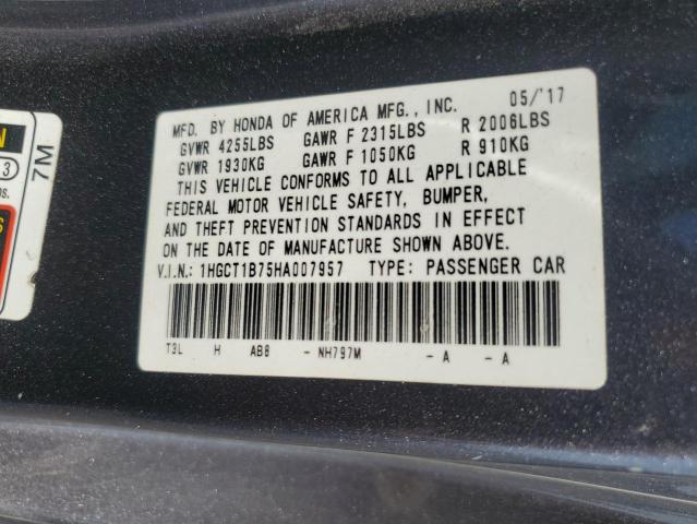 1HGCT1B75HA007957 - 2017 HONDA ACCORD EX GRAY photo 12