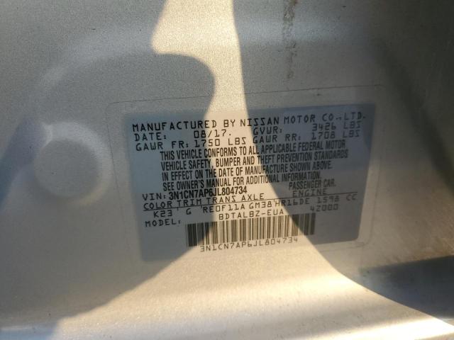 3N1CN7AP6JL804734 - 2018 NISSAN VERSA S SILVER photo 12