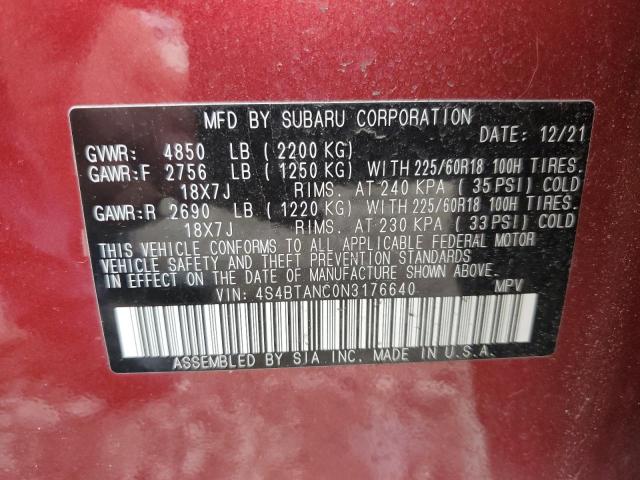 4S4BTANC0N3176640 - 2022 SUBARU OUTBACK LIMITED RED photo 13