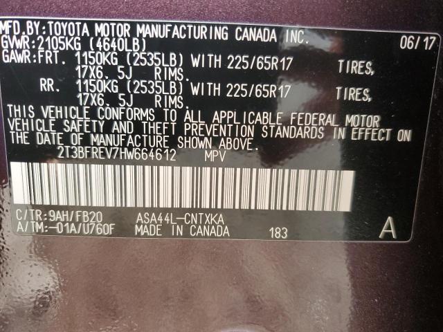 2T3BFREV7HW664612 - 2017 TOYOTA RAV4 LE BURGUNDY photo 13