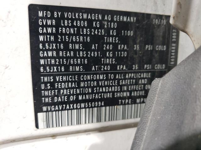 WVGAV7AX6GW550994 - 2016 VOLKSWAGEN TIGUAN S WHITE photo 13