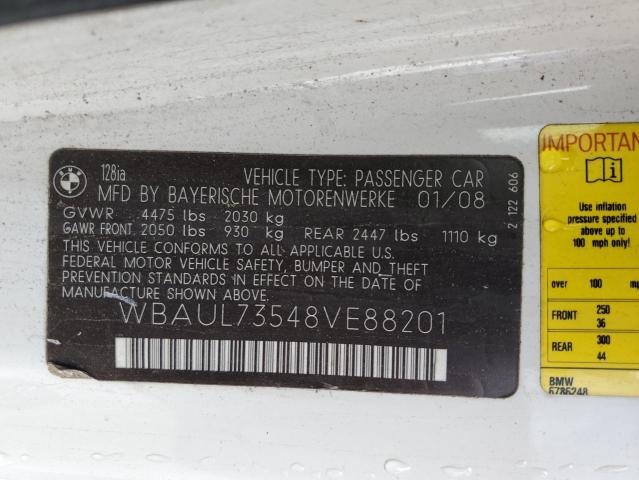 WBAUL73548VE88201 - 2008 BMW 128 I WHITE photo 12