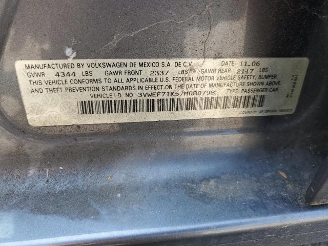 3VWEF71K57M080798 - 2007 VOLKSWAGEN JETTA WOLFSBURG 灰色 照片 12