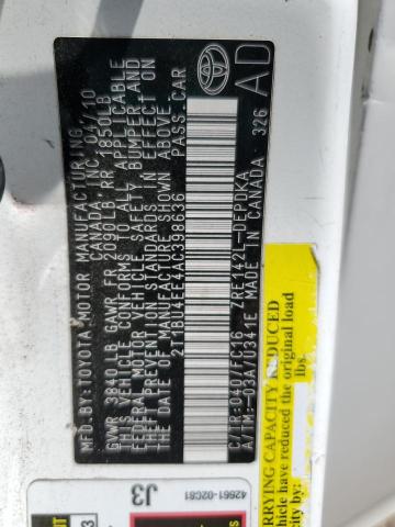 2T1BU4EE4AC398636 - 2010 TOYOTA COROLLA BASE WHITE photo 13