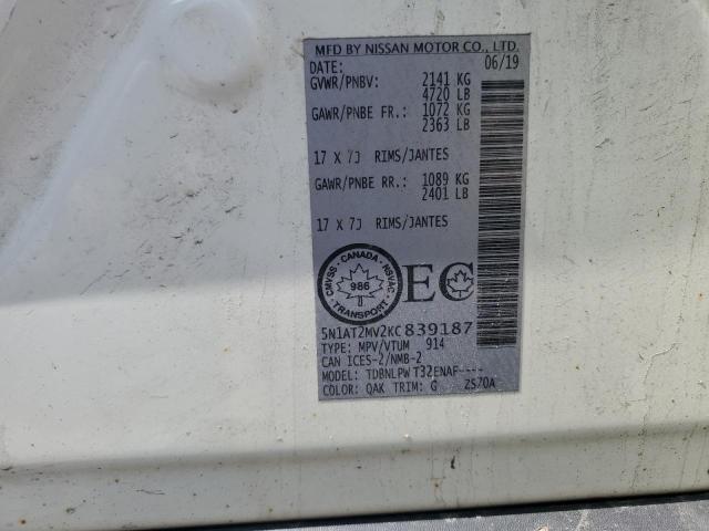 5N1AT2MV2KC839187 - 2019 NISSAN ROGUE S WHITE photo 14