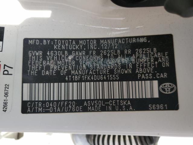 4T1BF1FK4DU641555 - 2013 TOYOTA CAMRY L 白色 照片 12