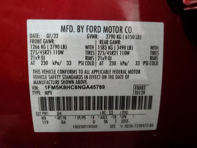 1FM5K8HC8NGA45789 - 2022 FORD EXPLORER PLATINUM RED photo 13