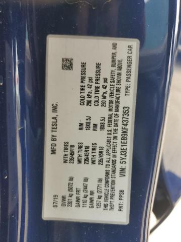 5YJ3E1EB9KF437353 - 2019 TESLA MODEL 3 Синій фото 12