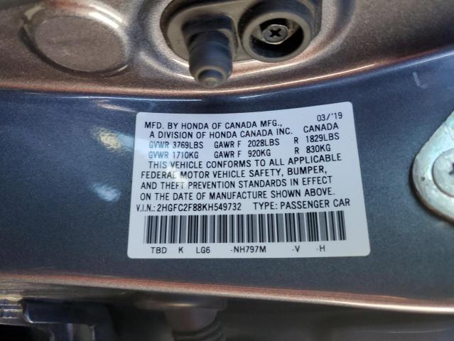 2HGFC2F88KH549732 - 2019 HONDA CIVIC SPORT ნაცრისფერი ფოტო 12