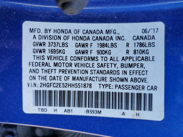 2HGFC2E52HH551878 - 2017 HONDA CIVIC LX 蓝色 照片 13