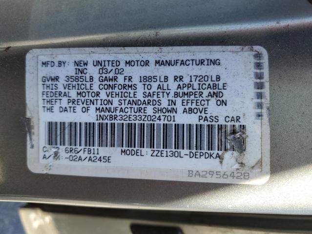 1NXBR32E33Z024701 - 2003 TOYOTA COROLLA CE 灰色 照片 12