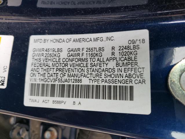 1HGCV3F55JA012886 - 2018 HONDA ACCORD HYBRID EXL BLUE photo 12