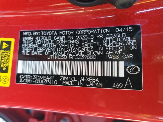 JTHKD5BH9F2239880 - 2015 LEXUS CT 200 RED photo 12