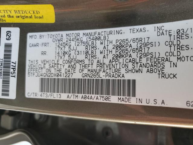 5TFJU4GN2DX041227 - 2013 TOYOTA TACOMA DOUBLE CAB PRERUNNER TAN photo 12