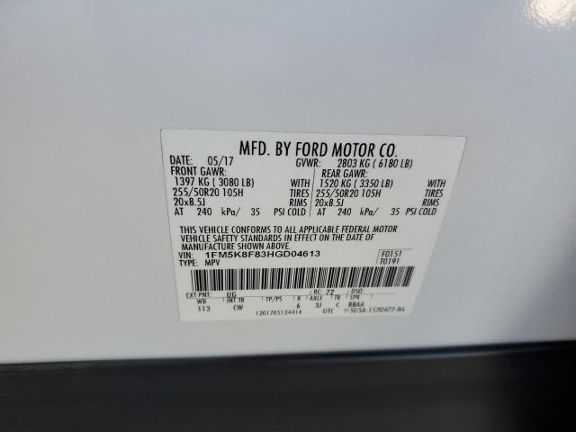 1FM5K8F83HGD04613 - 2017 FORD EXPLORER LIMITED WHITE photo 14