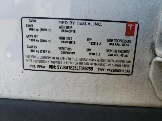 5YJSA1E25LF385289 - 2020 TESLA MODEL S WHITE photo 12