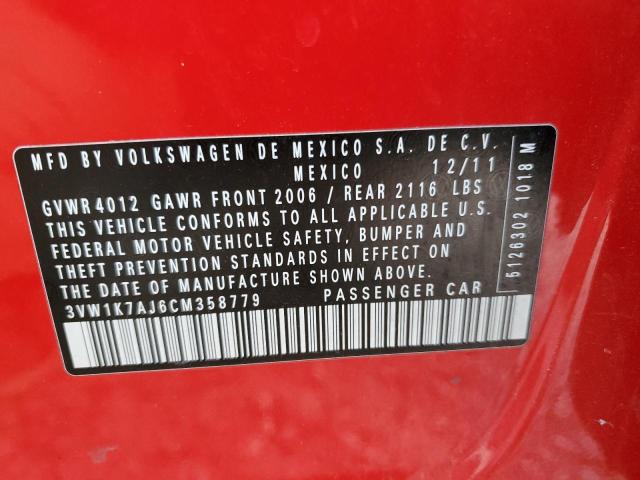 3VW1K7AJ6CM358779 - 2012 VOLKSWAGEN JETTA BASE 红色 照片 12