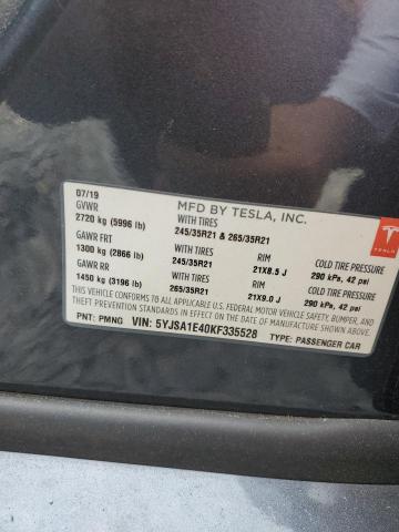 5YJSA1E40KF335528 - 2019 TESLA MODEL S Boz foto 12