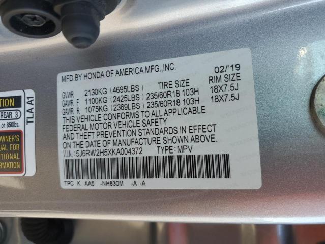 5J6RW2H5XKA004372 - 2019 HONDA CR-V EX SILVER photo 13