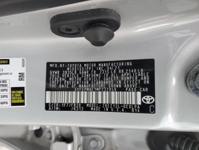 5YFEPMAE1MP232959 - 2021 TOYOTA COROLLA LE SILVER photo 12