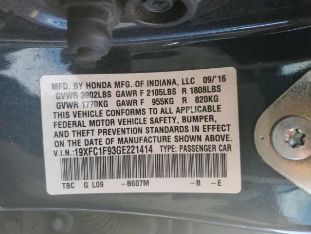 19XFC1F93GE221414 - 2016 HONDA CIVIC TOURING BLUE photo 13