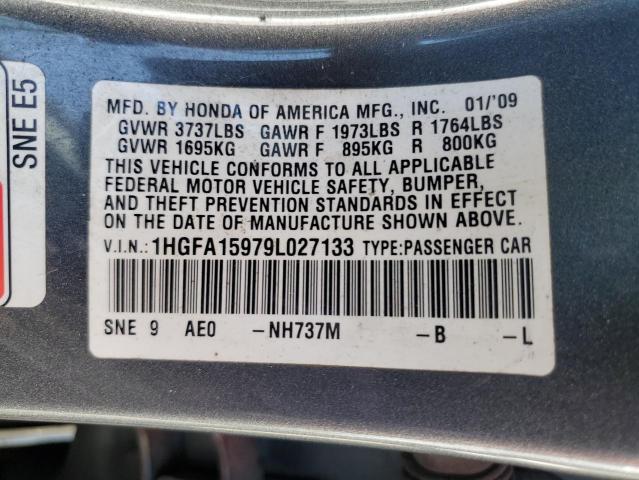1HGFA15979L027133 - 2009 HONDA CIVIC EXL გრაფიტი ფოტო 13