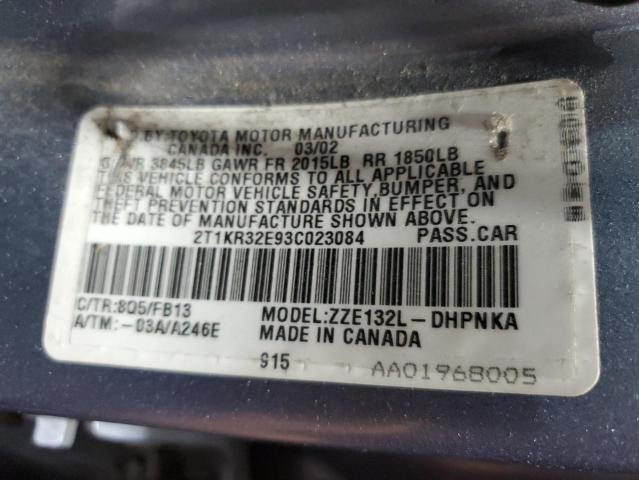 2T1KR32E93C023084 - 2003 TOYOTA COROLLA MA XR BLUE photo 12