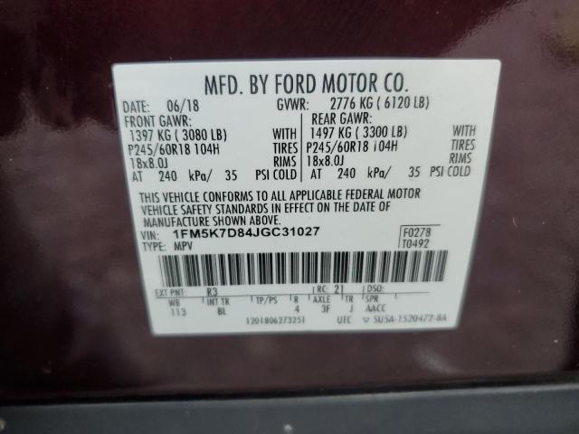 1FM5K7D84JGC31027 - 2018 FORD EXPLORER XLT برغندي صورة 13