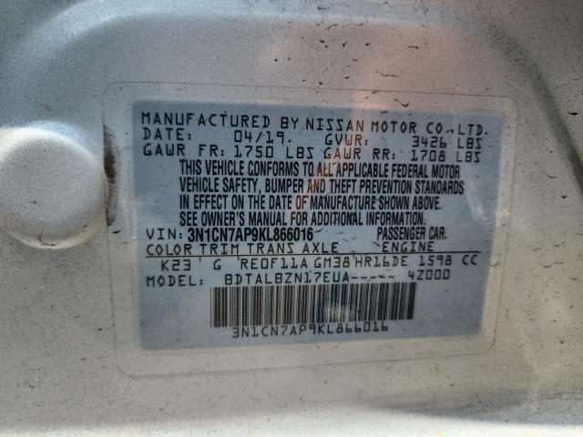 3N1CN7AP9KL866016 - 2019 NISSAN VERSA S ვერცხლისფერი ფოტო 13