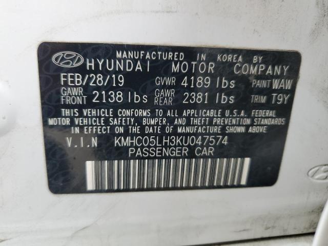 KMHC05LH3KU047574 - 2019 HYUNDAI IONIQ LIMITED WHITE photo 13